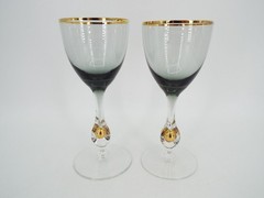 Pair of Vintage MCM Jozef Stanik Smoke Cordial Wine Glasses Gold Ball Stem