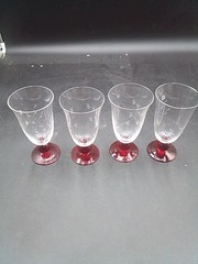 Clear Flower etched Glasses with Red Ball Stem & Foot Ice Tea Glasses/ Set of 4