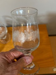 vintage Libbey «Winter Scene» white frosted tree stemmed water goblets.