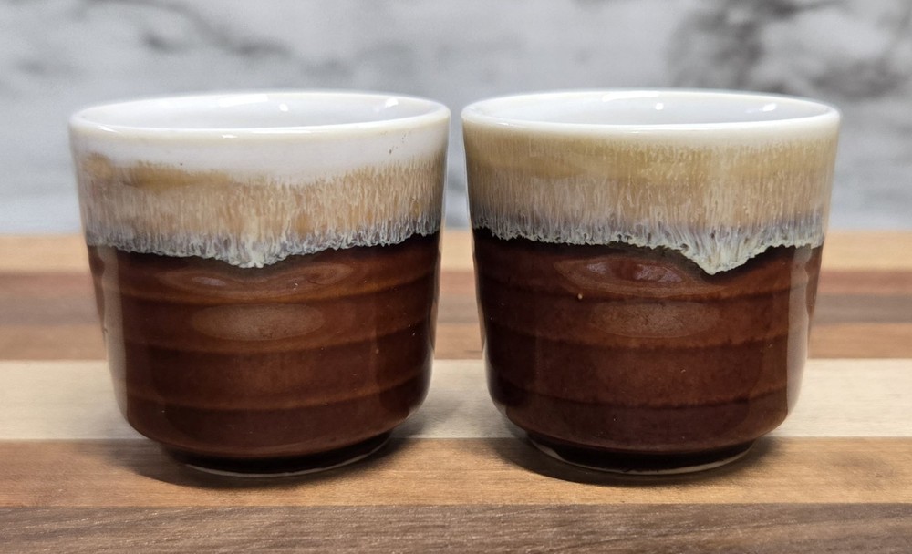 Vintage Stoneware Saki Cups Shot Glasses Brown Glaze Two Tone