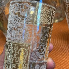 22K Glamor Gold Block Raised Pattern Highball Tumbler Glasses MCM Vintage