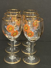 Vintage Hand-Painted Floral Cordial Glasses MCM Gold Accents
