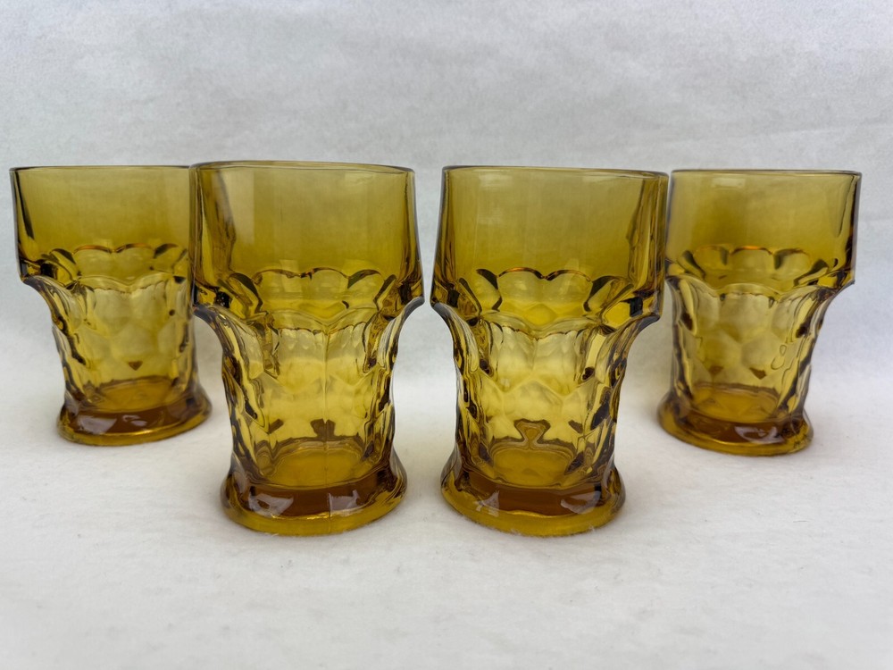 Set of 4 Vintage Georgian Honeycomb Amber Glass 12 oz Tumblers 5 1/2″ Tall