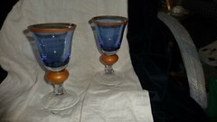 #1120 Water GLASS 2 Goblet BLOCK Crystal 7″ T STEMED BLUE w Mustard Gold & Clear