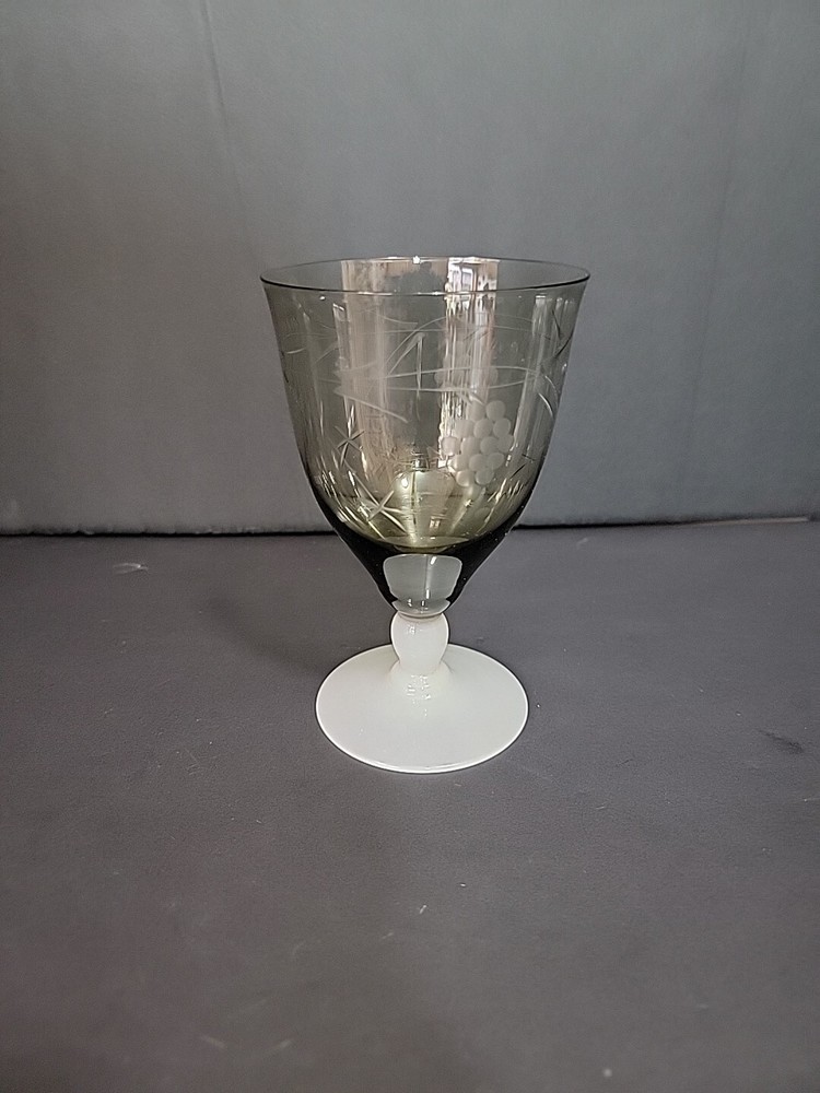 Vintage Black Smoke Low Water Goblet White Milk Glass Bulbous Stem Cut Wheat