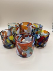 6 Glass Tumblers Colorful Spatter Confetti Handblown