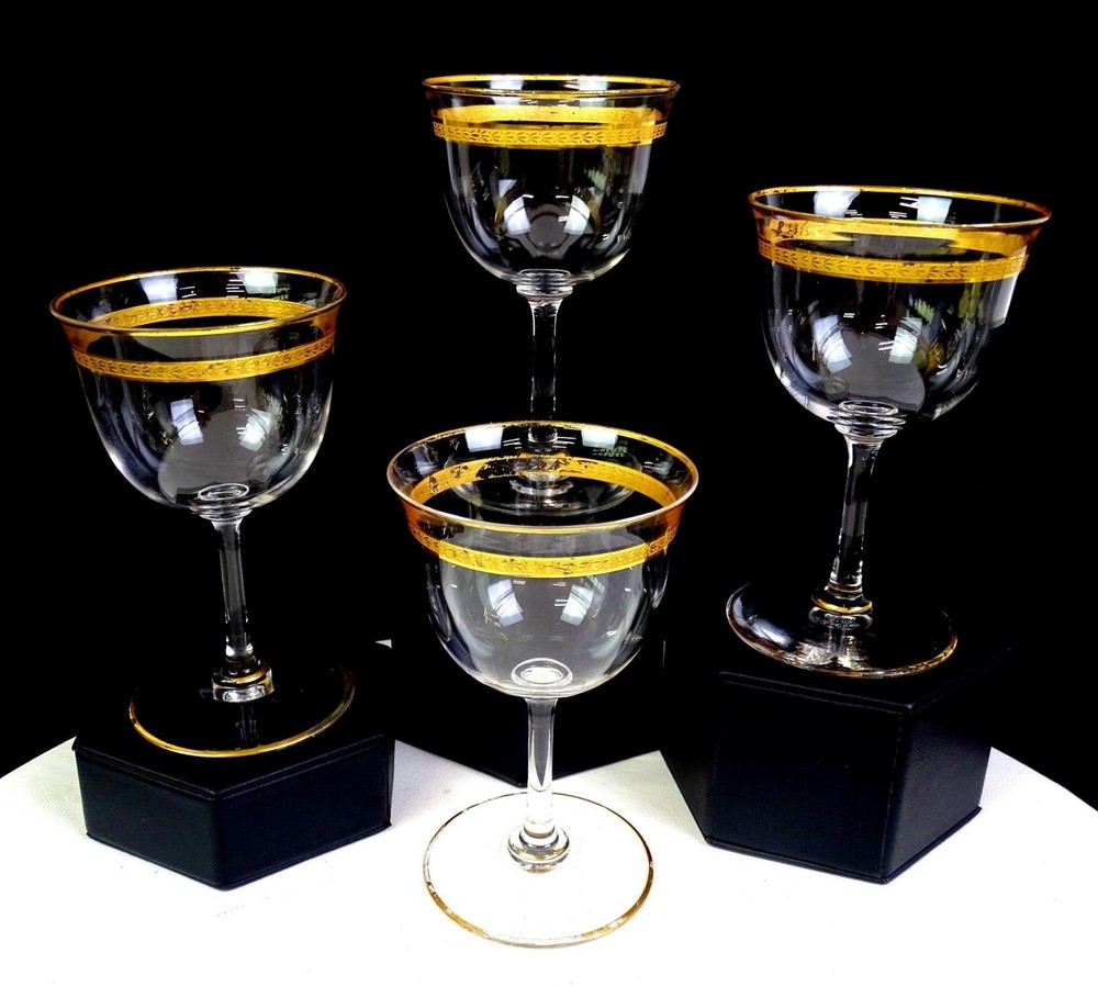Tiffin Glass Gold Laurel Band & Trim Clear Panel Optic 4 Pc 4 3/4″ Wine Glasses