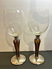 Godinger-Style Amber Stem Wine Goblets – Metal & Glass Stemware Vintage Set of 2