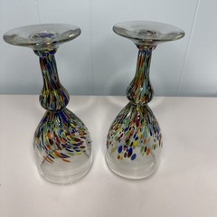 Mexican Art Glass Goblets Pair of Hand Blown Colorful Confetti Wine Glasses