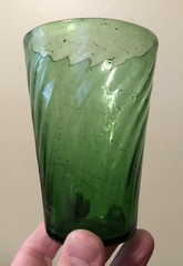 Vintage Hand Blown Green Glass Tumbler Drinking Glass Ribbed Swirl Crude 4.25″
