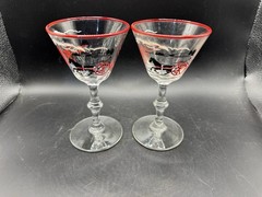Vintage Set Of 2 Libbey Cocktail Glasse Bar ware Harness Racing Horses Black Red