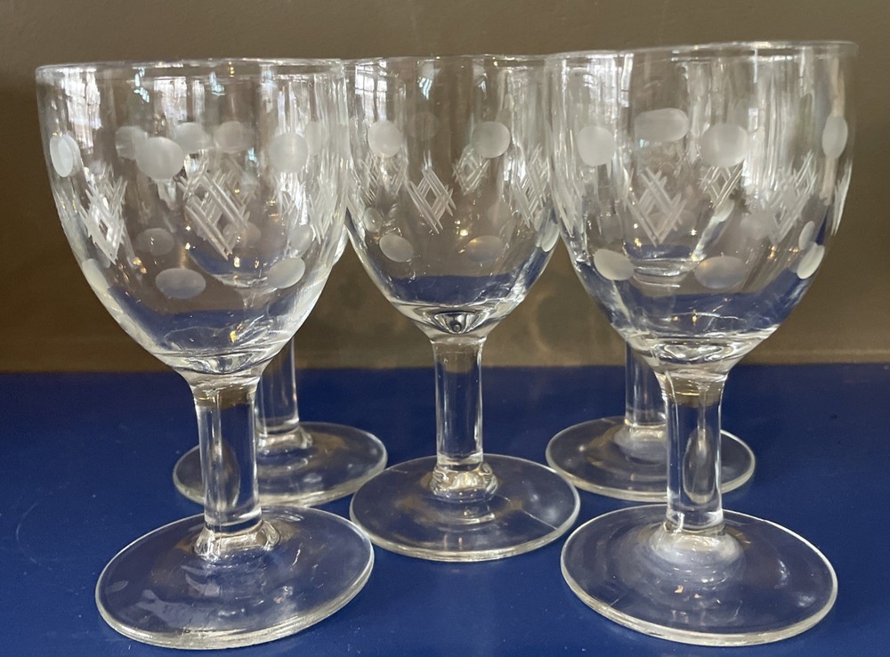 Vintage Criss Cross And Punties Cordial Glasses By Standard Glass set of 5