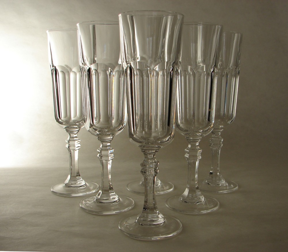 6 Royal Crystal Rock Columbia Fluted Champagne Glasses Italy Mid 20thC 8″