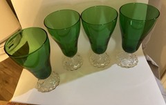 Mid Century Emerald Green Glass Goblets Clear Scalloped Foot Set of 4