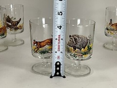HAND PAINTED HUNTING WILDLIFE LIQUOR GLASSES SET OF 6 With Stand Deer Rabbit Fox