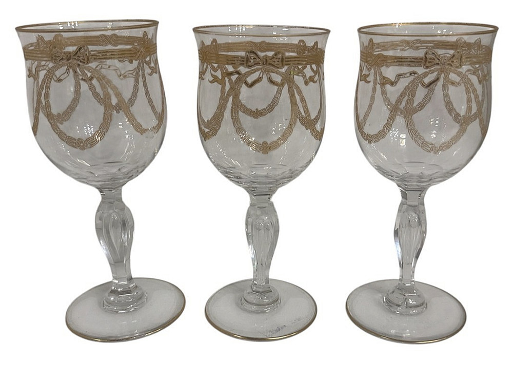 MOSER (ATTRIBUTED TO) GOLD BOWS & WREATHS ORNATE FANCY WATER GOBLET SET OF 3