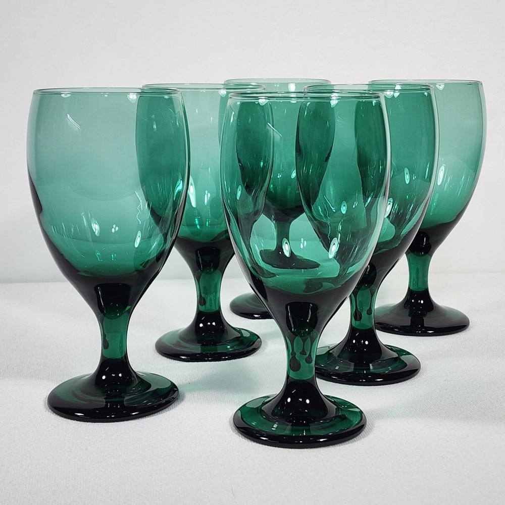 6 Libbey Juniper Green Iced Tea Glasses 7″ Teardrop Goblets Dark