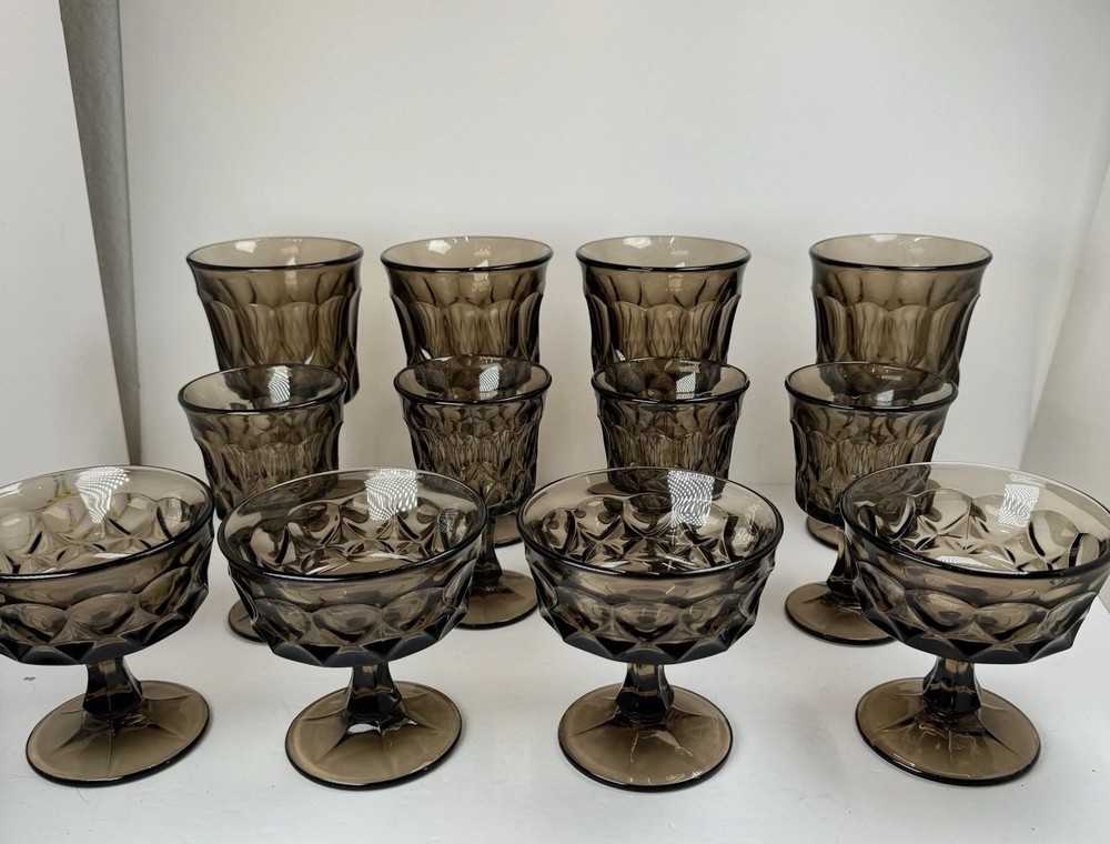 VTG Lot Of 12 Noritake Perspective Smoke Brown Glass Goblets Wine & Sherbet Cups
