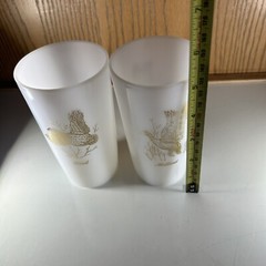 Set Of 2: 22k Gold Mallard Duck/ Quail Milk Glass Tumblers 5”x3”