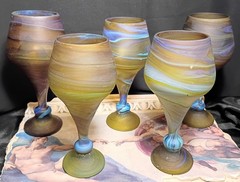 5 Hand Made West Bank Hebron Glass PHOENICIAN Swirled Glasses Wine Goblets