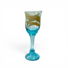 Talitha Horn Signed Art Glass Goblet Aqua Blue Gold Swirl Hand Blown 9″