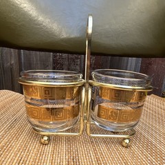 Vintage MCM Jeanette Clear & Gold Condiment Glasses Set with Metal Handle Caddy