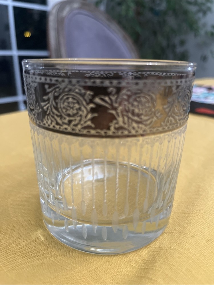 Vintage Culver Tyrol 22K Gold Encrusted/Etched Lines Glass Double Old Fashioned