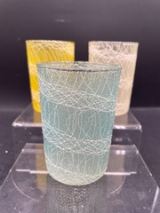 Lot of 3 Vintage Spaghetti String Juice Glasses Retro Yellow White Blue-Green