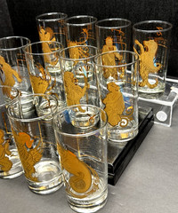 Vintage MCM Hocking 22kt Gold Astrology Zodiac Highball Glass Tumblers Set of 12