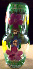 Tumble Up Hand Painted Pitcher Carafe Flowers Butterfly Clear Glass Vintage