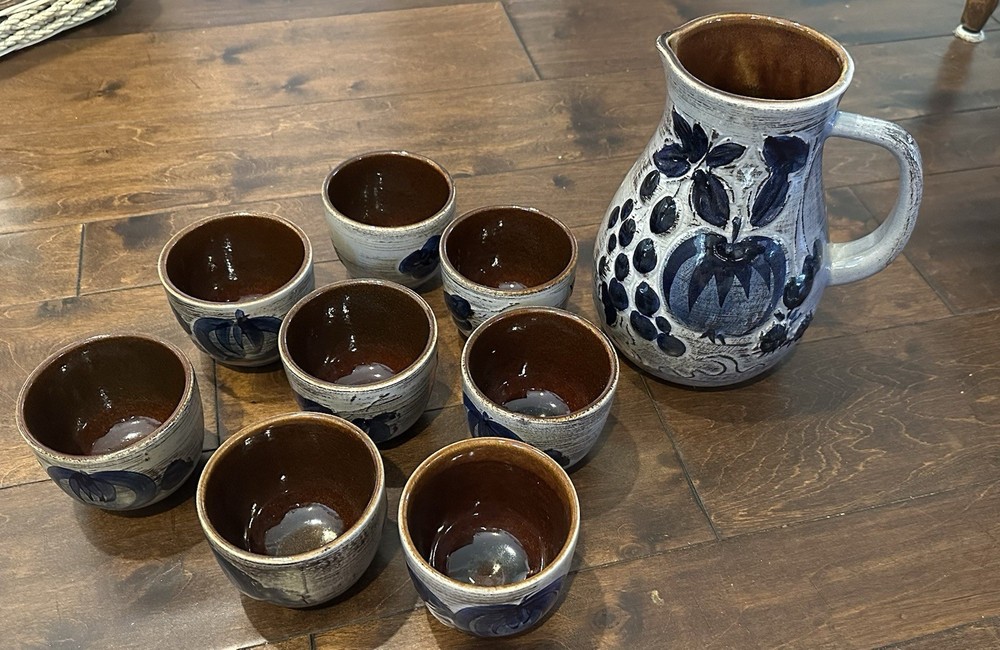 German Made Pottery Wine Set With Raised Embossed Decor