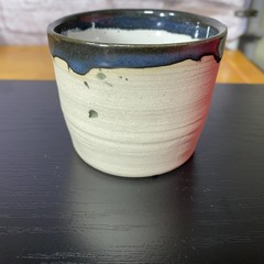 Studio Pottery Stoneware Tumbler 6 Oz Beige Blue Drip Glaze Speckled Mug Tea