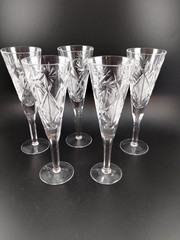 (5)~vtg~ABP Cut Champagne /Wine Flutes~7.75″~Pinwheels Crosscuts~Clean Cuts~XLNT