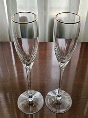 2 Lenox Firelight Gold Trim Crystal Champagne Flutes Glasses 9 3/8″ Wedding