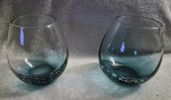 Pier 1 One Crackle Glass Stemless Wine Glasses Teal Blue Green Set of 2