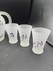 Frosted Glass Hand Painted Juice Pitcher And Glasses Purple Flowers Vintage
