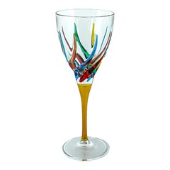 Pair of Murano Wine Glasses Hand Painted Multi Yellow Stem Venice Italy
