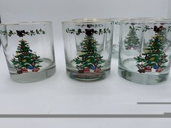 Vintage Christmas Tree Glass Lowball Tumblers Set Of 6 Rocking Horse Angel