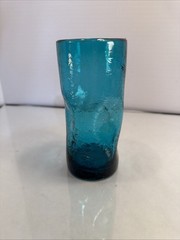 Blenko Vintage Teal Blue Green Glasses Crackle Dimple Pinched 5 3/4″ Tumbler