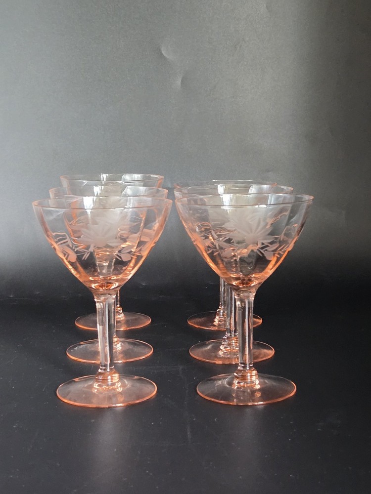 Vintage Set of Six (6) 1920’s/1930’s Pink Depression Glass Coupes