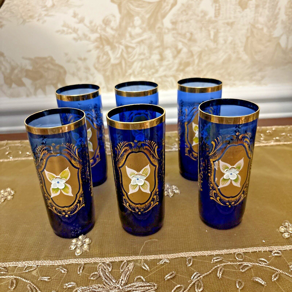 Vtg set of 6 Gold/Blue Czech Bohemian Art Glass Tumblers