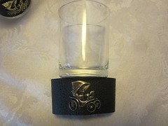 Vintage MCM Bar glass Whiskey tumblers decanter set 7 Pc w/ vinyl cozies 1960’s
