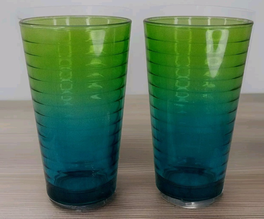 Libbey Ombre Green& Blue Glasses Hoop Design 2Tone Set Of 2 16oz