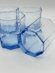 4 Libbey Facets Light Blue Old Fashioned Glasses Textured Octagon Tumblers EUC