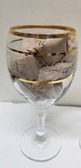 4 PASABAHCE GOLD RINGS BANDS WHITE EMBOSSED FILIGREE GLASS WINE GOBLETS 7 1/8″