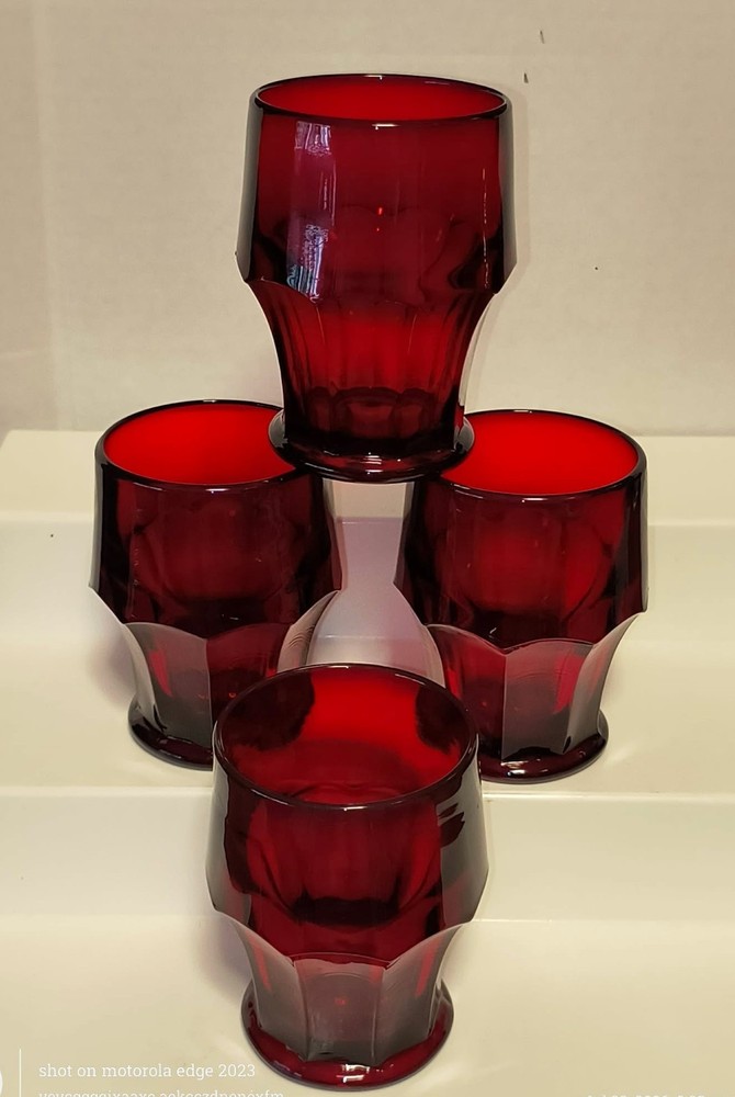 4 VTG GEORGIAN RUBY RED ANCHOR HOCKING HONEYCOMB TUMBLERS 5″