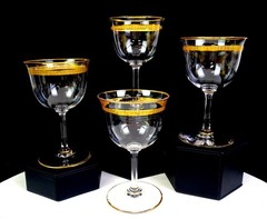 Tiffin Glass Gold Laurel Band & Trim Clear Panel Optic 4 Pc 4 3/4″ Wine Glasses