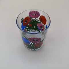 Set of 4- Retro Floral Red Poppy Glass Tumbler Glasses, Elegant, Artsy, Glossy