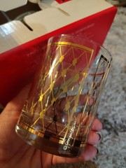 NOS 4 Georges Briard Double Old Fashioned Glasses Gold Lattice Diamond &Coasters