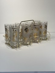 Mid Century Highball Glasses Libbey Frosted W 22 Karat Gold Leaf, Set Of 8